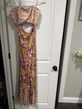 Free People Mustard Yellow and Burgundy Floral Slip Jumpsuit